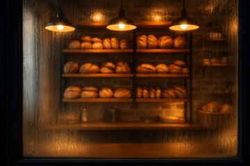Obraz premium Warm light illuminates a cozy bakery interior, seen through a rainy window. Freshly baked bread waits on shelves, a comforting sight.