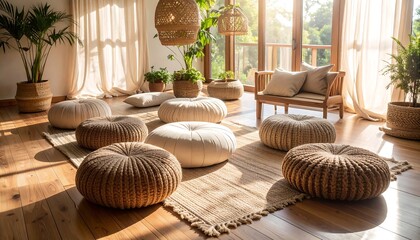 Comfortable Cushions and Plants in Bright Cozy Room