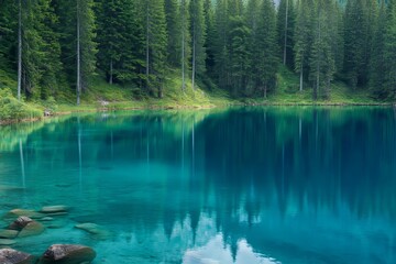 A serene green forest surrounding a lake with a tranquil reflection in nature landscape photography
