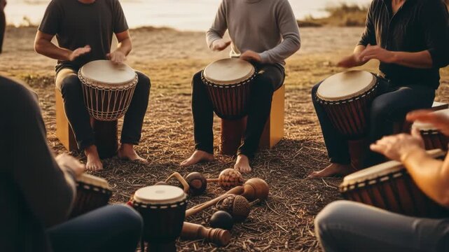 Sunset beach drum circle: rhythmic gathering with hand drums for music and community connection