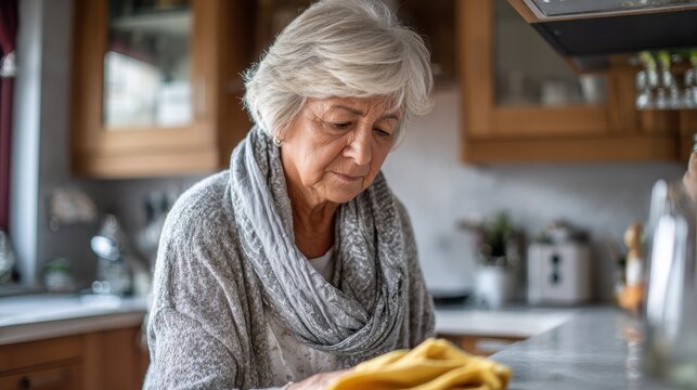 portrait of senior woman cleaning kitchen counter indoors at home no logos no brands ar 169 - Powered by Adobe