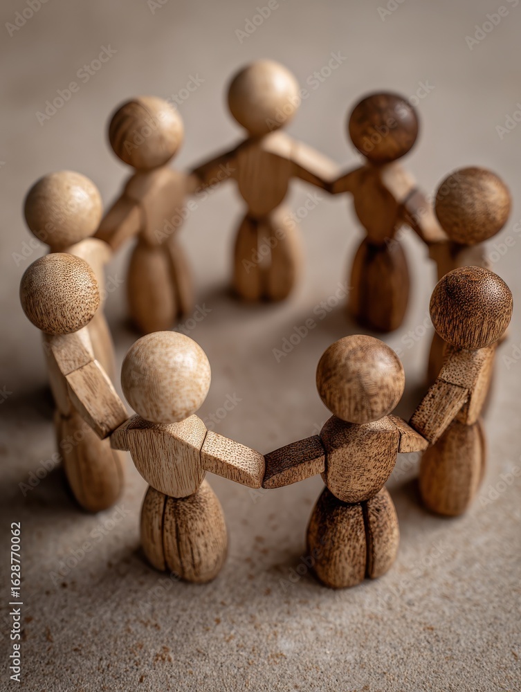 Poster a group of wooden people holding hands in a circle the people are all different sizes and are arrang