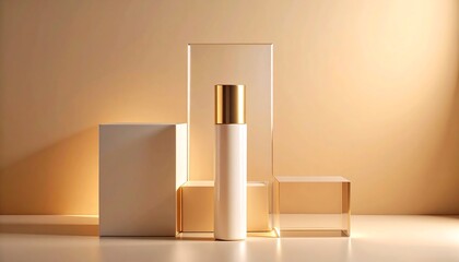 Cosmetic Bottle Mockup Displayed on Geometric Shapes