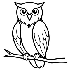 Fototapeta premium Cute cartoon owl perched on a branch black and white outline illustration
