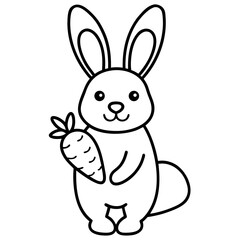 Fototapeta premium Cute cartoon bunny holding a carrot in black and white outline