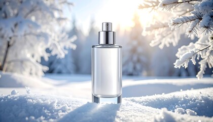 Cosmetic Bottle Sitting in Snow with Winter Forest Background