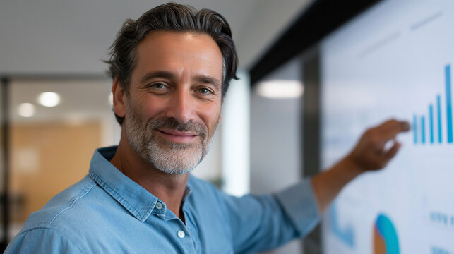 Confident businessman presenting financial report on interactive board - Powered by Adobe