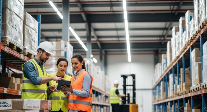 Team of logistics personnel coordinating stock management in modern warehouse