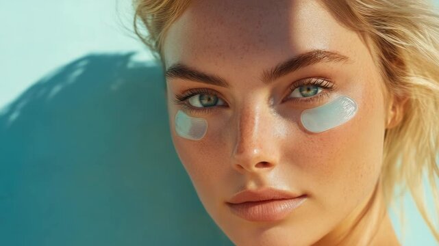 Close-up of woman with skin care products on face, set against poolside background