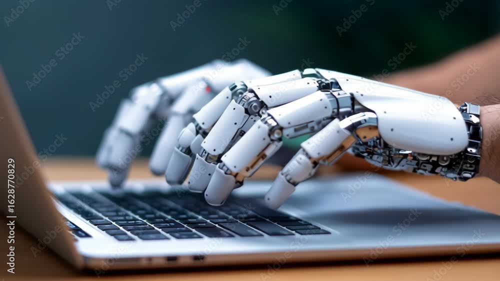 Poster robotic hands typing on a laptop keyboard, showcasing advanced technology and innovation in artifici