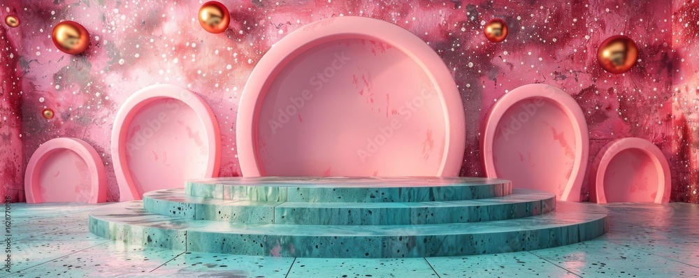 Poster abstract shapes with arch in the middle on vibrant background featuring circular designs
