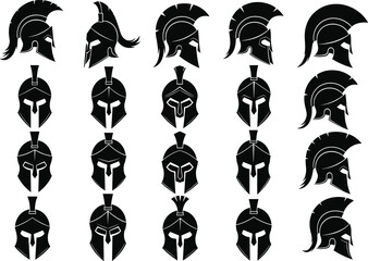 Set of black Spartan helmet icons in flat vector style, ancient warrior symbol collection, perfect for logo, tattoo, or graphic design