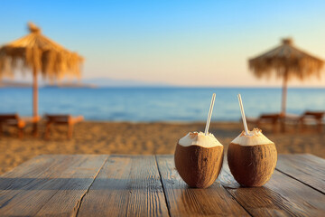 Cocktails with a straw in coconuts at a beach bar on the seashore
