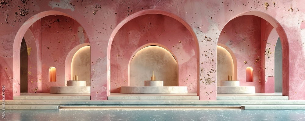 Poster minimalist stage design with three podiums in an elegant architectural setting with arches and palm 