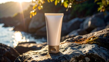 Cosmetic Cream Tube on Rock with Beach Background at Sunrise