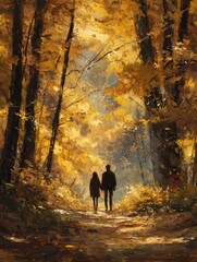 a couple holding hands while walking through a golden autumn forest leaves falling gently around them warm sunlight filtering through the trees