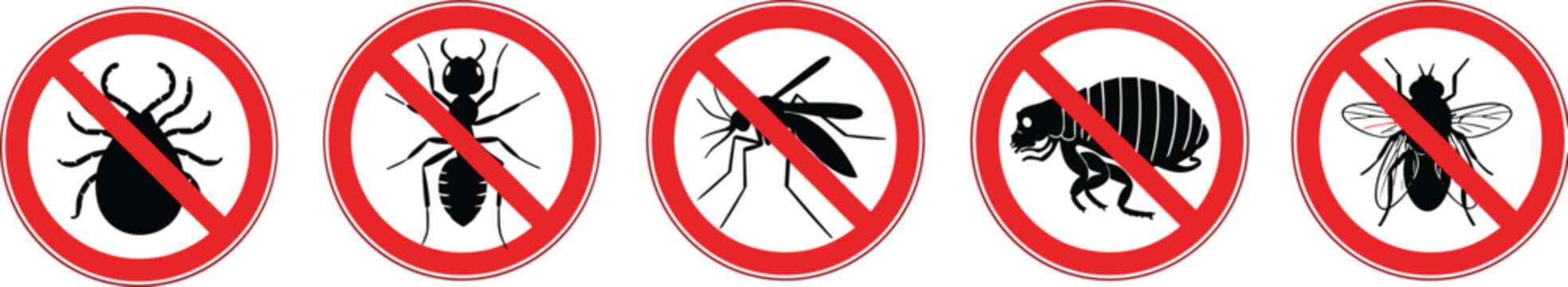 Vector illustration of pest control signs showing prohibition of common household insects like ticks, termites, mosquitoes, fleas, and flies