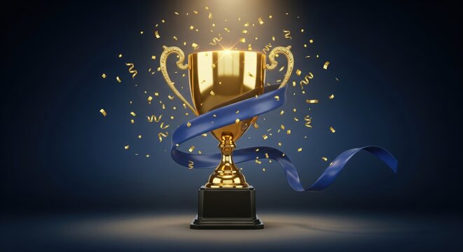 Golden trophy and streamers, business and competition concept, dark blue background