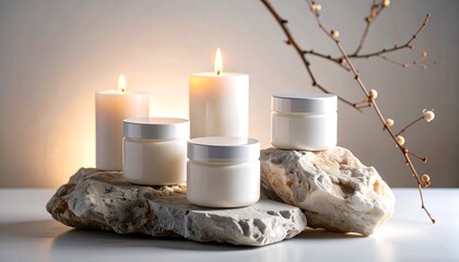 Cosmetic Jars on Stone with Candles and Branch Still Life
