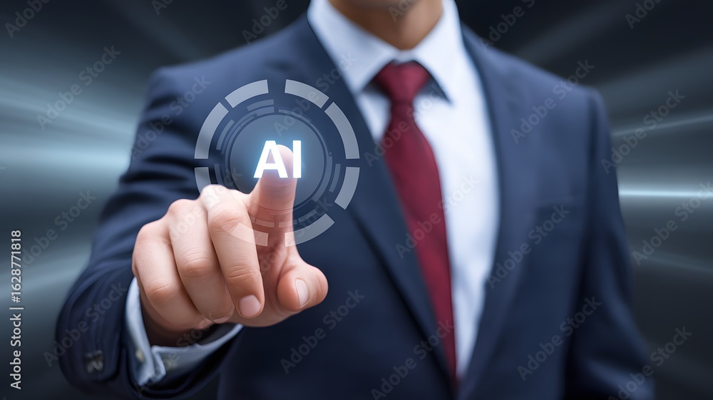 Poster businessman activating virtual ai button representing artificial intelligence innovation future tech