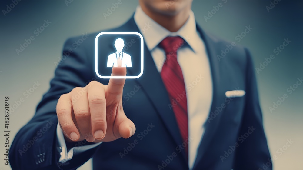 Poster businessman pressing virtual profile icon representing digital identity user interface human resourc