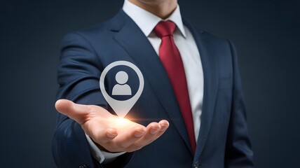 Businessman Holding Location Pin Icon With User Symbol Representing Geolocation Digital Identity Targeting Technology And Human Resources

