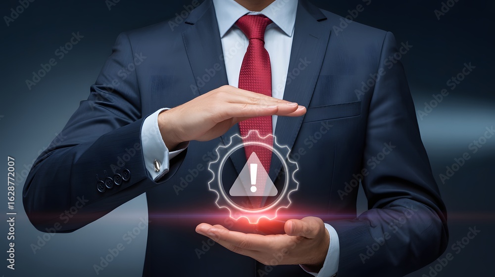 Poster businessman holding transparent warning gear icon representing risk alert system error technical iss