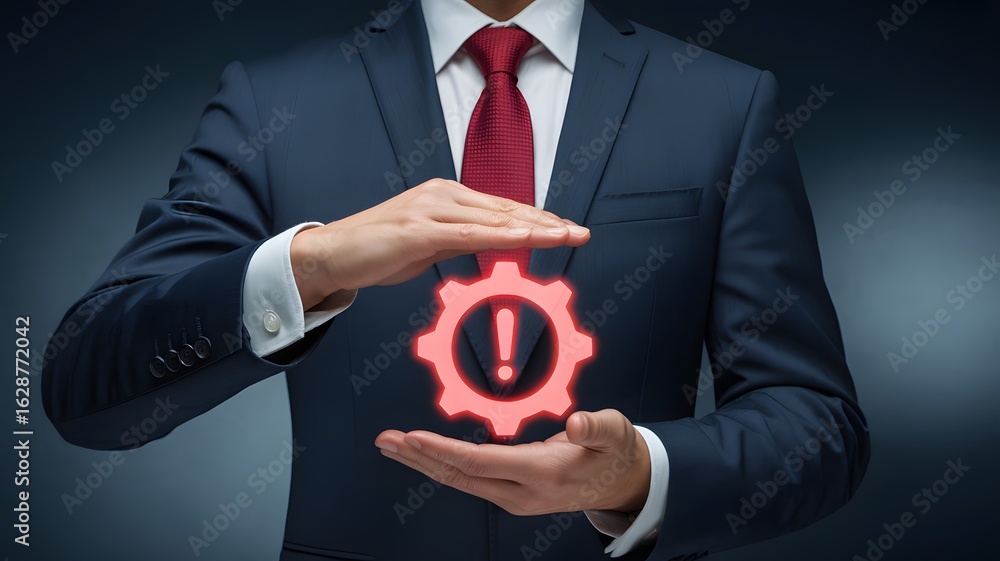 Poster businessman holding red warning gear icon representing system alert risk management technical proble