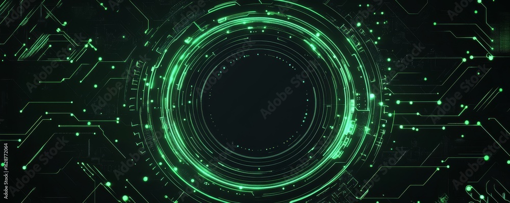 Poster futuristic green glowing digital interface with circular design on black background