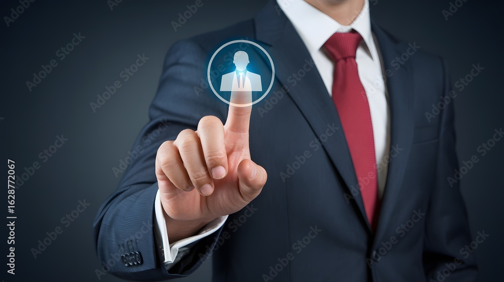 Poster businessman touching virtual profile icon representing user interface access human resource manageme