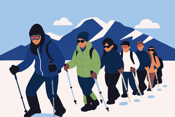 Group of hikers trekking in snowy mountains in an adventurous mood