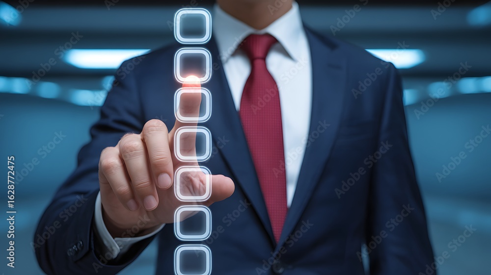 Poster businessman pressing virtual touchscreen checkbox interface with futuristic technology concept for d