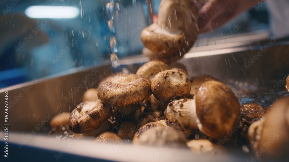 Poster medium shot capturing mushrooms freshly picked from vertical farm logs and gently placed into a prep
