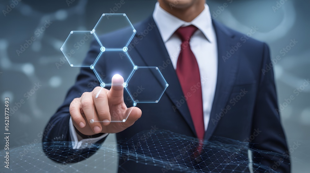 Poster businessman touching virtual hexagon interface with futuristic digital network concept in technology
