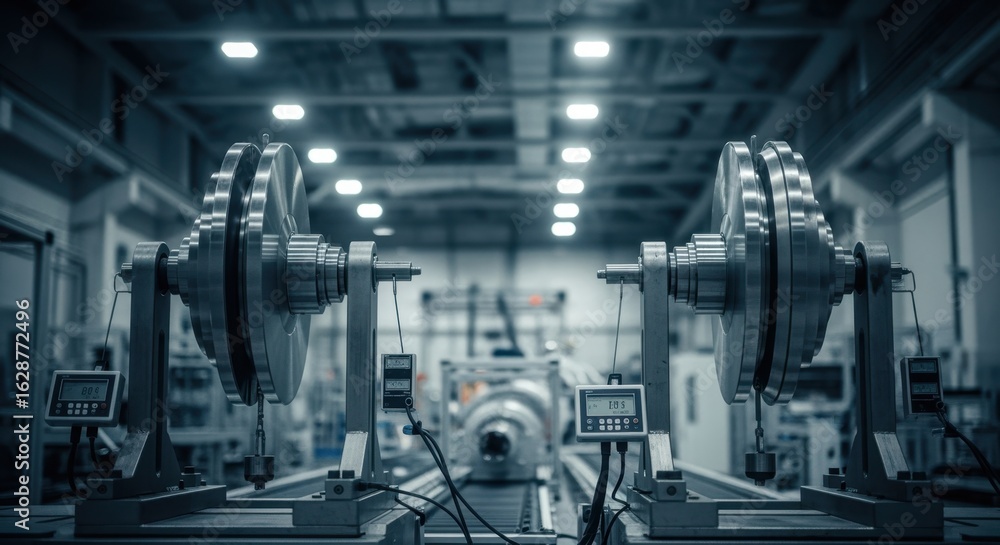 Poster industrial setting with uranium centrifuge rotors installed on balancing rigs reflecting the importa