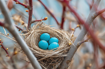 Nest with blue eggs in a spring tree, nature photography, nest, egg,