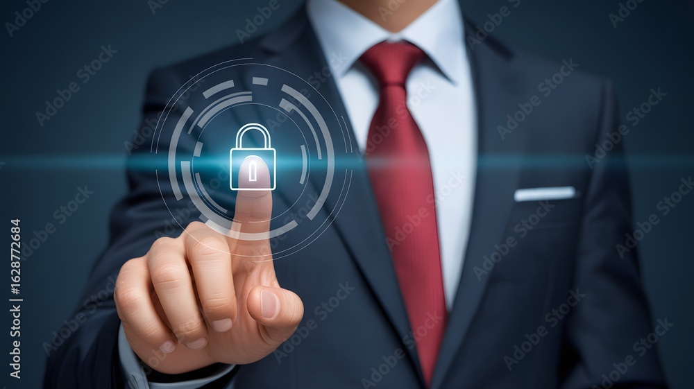 Poster businessman touching virtual padlock icon on futuristic interface representing cyber security data p