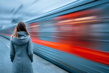 Fototapeta premium Conceptual image of a woman with a passing train in the background.
