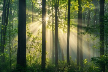 Obraz premium Autumn forest trees embody the essence of nature, green wood, and sunlight backgrounds