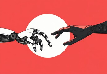 Illustration of two robotic hands reaching towards each other against a bold red and white background highlighting technological harmony