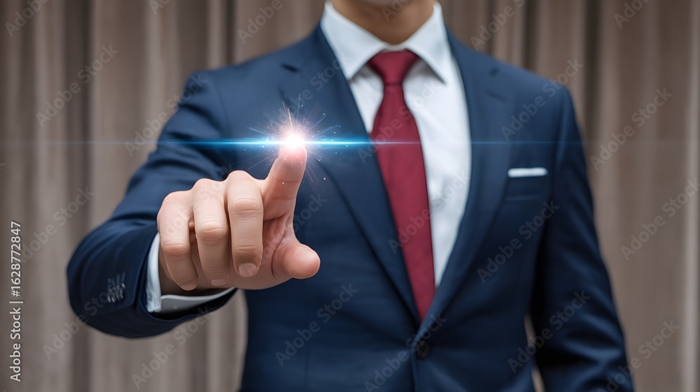 Poster businessman pressing virtual button with glowing light on futuristic touchscreen interface represent