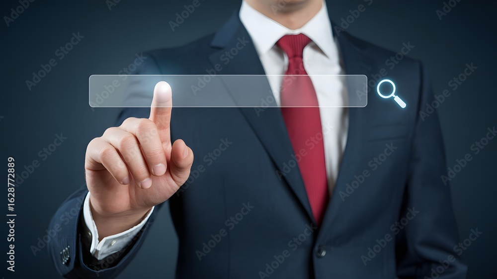 Aufkleber businessman touching virtual search bar on transparent interface representing online information loo