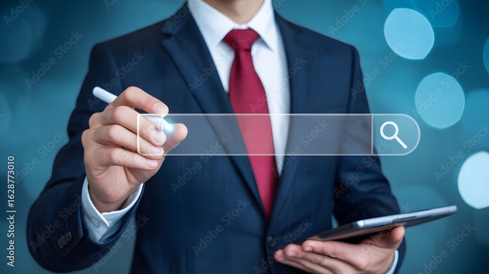 Poster businessman using digital tablet with stylus to search information in virtual browser bar interface 