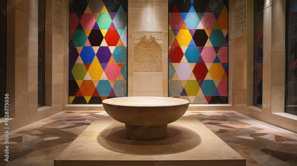 Poster vibrant geometric patterns in an elegant arabic-inspired interior setting with colorful triangular d