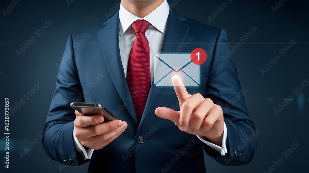 Poster businessman checking and touching new email notification icon on digital interface with smartphone i