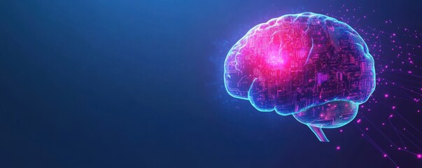 Futuristic digital illustration of the human brain with neon circuitry on a blue background, symbolizing artificial intelligence and technology advancement.
