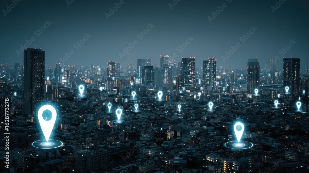 Aufkleber digital geolocation interface over night city geolocation and distributed data concept no logos no b