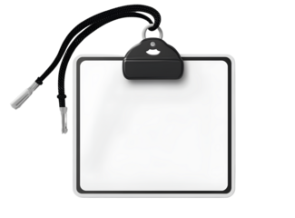  Simple white ID card with black lanyard and badge, isolated on transparent background, cutout, PNG file. The ID is a simple design without any text or graphics