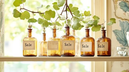 A shelf with five bottles of different sizes and shapes, all of which have the word Sale written on them