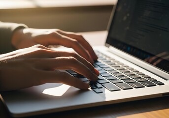 Close-up of hands typing on a laptop, illuminated by natural light, with a blurred screen in the background.